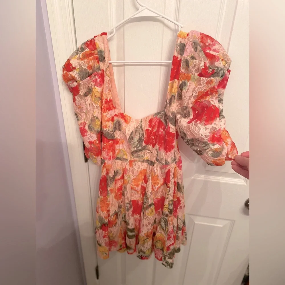 For Love & Lemons Dascha Puff Sleeve Mini Dress Light Pink Floral Lace Large NWT - Picture 8 of 16